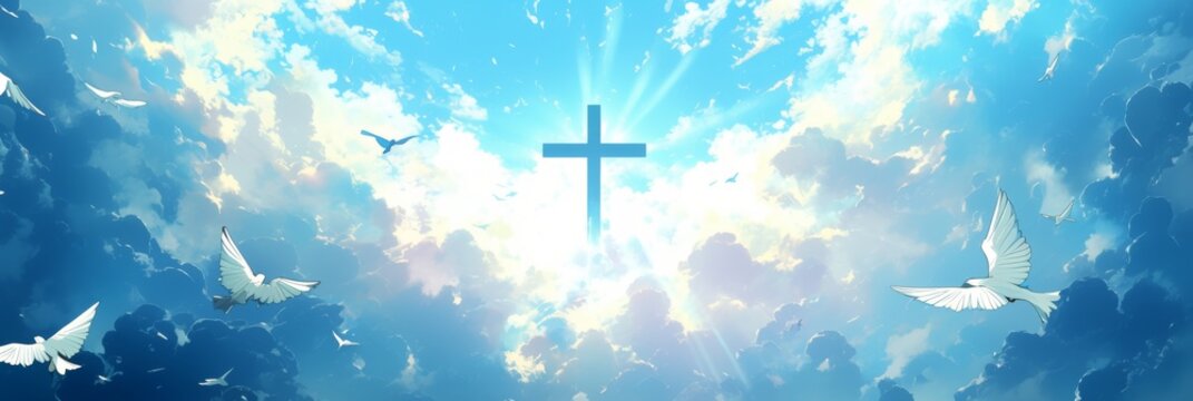 Ethereal Cross in the Sky Surrounded by Clouds and Birds with Space for Text