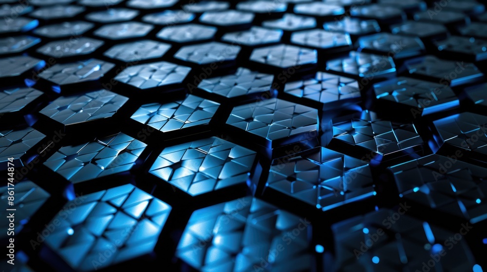 Poster a blue and black image of a hexagonal pattern. the image is abstract and has a futuristic feel to it