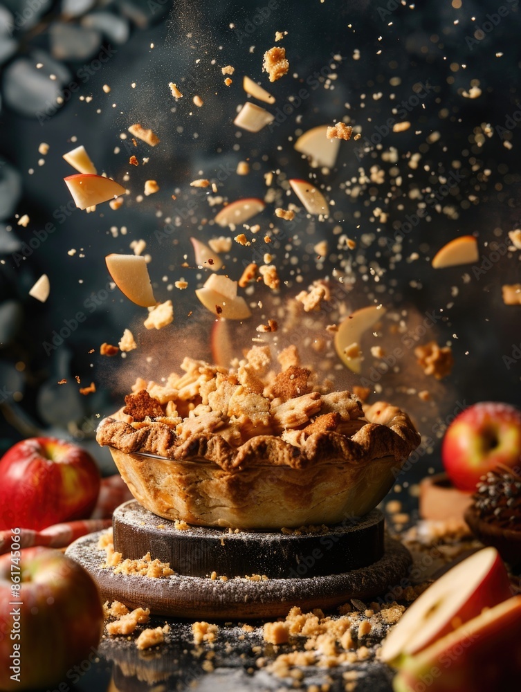 Poster a pie with a lot of crumbs on top of it. the pie is surrounded by apples