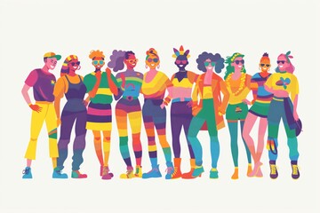 Obraz premium Diverse group of people standing together, wearing rainbow themed clothing and accessories, celebrating lgbtq plus pride