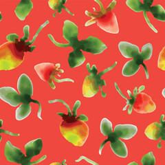 Vector, non directional, repeat watercolor pattern of ripening strawberries and green leaves on red background.