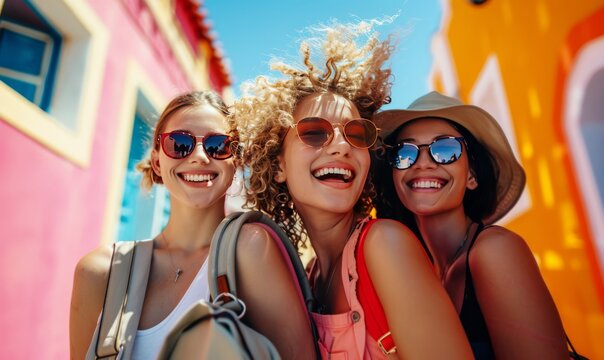 three friends having fun taking a selfie on a colorful city street on a summer day wearing stylish outfits