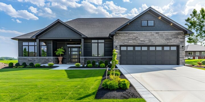 Front view of a home showcasing a pristine driveway and lush green grass. Concept Home Exterior, Driveway, Green Grass, Front View, Pristine Landscape