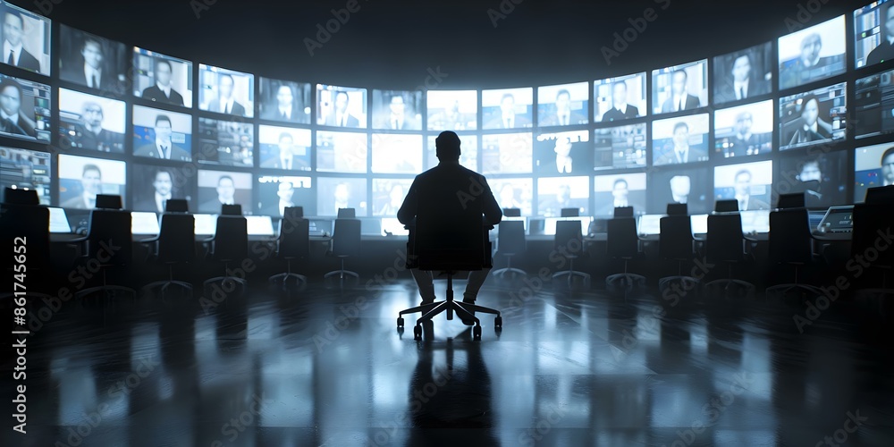 Poster manager conducts staff meeting in data center control room with multiple screens. concept data cente