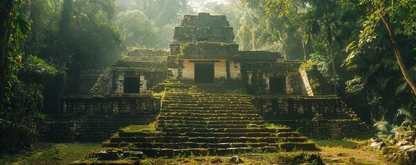 Ancient Mayan ruins nestled in a dense jungle, archaeological treasure, tropical history, cultural heritage.