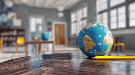 An elegant back-to-school workspace with a blue globe and yellow pencils on a wooden desk, set in a modern classroom with minimalistic decor.