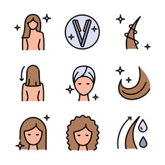 Hair straightener icons set for hair care treatment and beauty or woman salon, color vector. Hair straightener appliance for female haircut straightening and haircare cosmetic treatment symbols