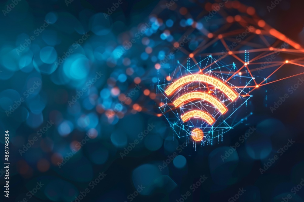 Aufkleber a vibrant digital network displaying glowing wifi symbol and complex connections in futuristic desig
