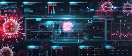 Hightech futuristic digital immunology dashboard with detailed immune response metrics and dynamic, realtime data visualizations