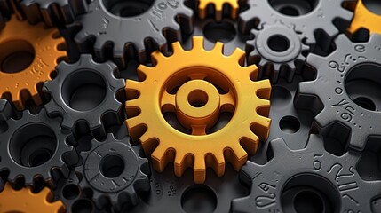 A close-up image of several metal gears interlocked, with one gear highlighted in gold