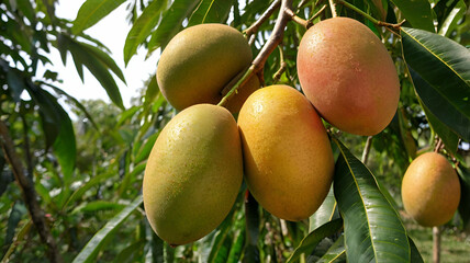 A mango tree with lots of ripe mangoes, close up of mango fruit on a mango tree
