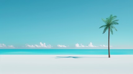 Obraz premium Elegant palm tree on a white sandy beach, clear blue sky with scattered white clouds, calm sea in the background, fitting for summer vacation and travel ads