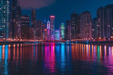 Fototapeta premium Vibrant city lights reflect in the river at night, showcasing downtown's architectural beauty. Captivating urban hub for travelers