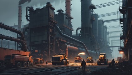 steel mill building, with driving cars and workers