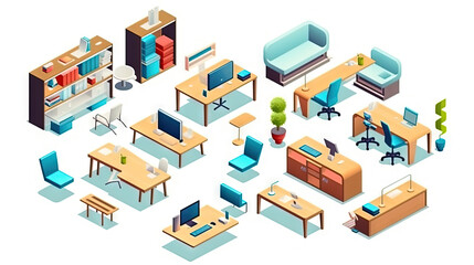 Set of isometric office furniture with desk and chair icons.