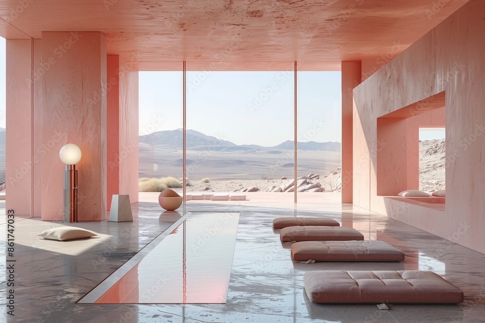 Poster minimalist pink interior design with desert view and rectangular pool