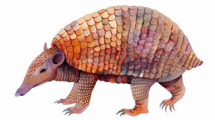 Watercolor clipart of a cute armadillo with textured scales and warm hues on a white background