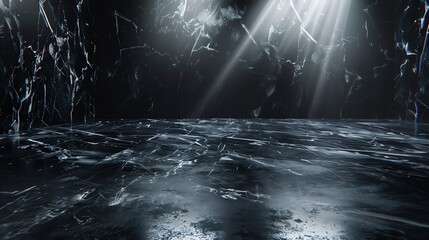 Dark and eerie empty stage with cracked ice floor and beams of light shining through, perfect for product placement or background.