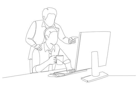 Continuous one line drawing of business manager pointing to computer screen to help employee edit report, mentorship at work concept, single line art.
