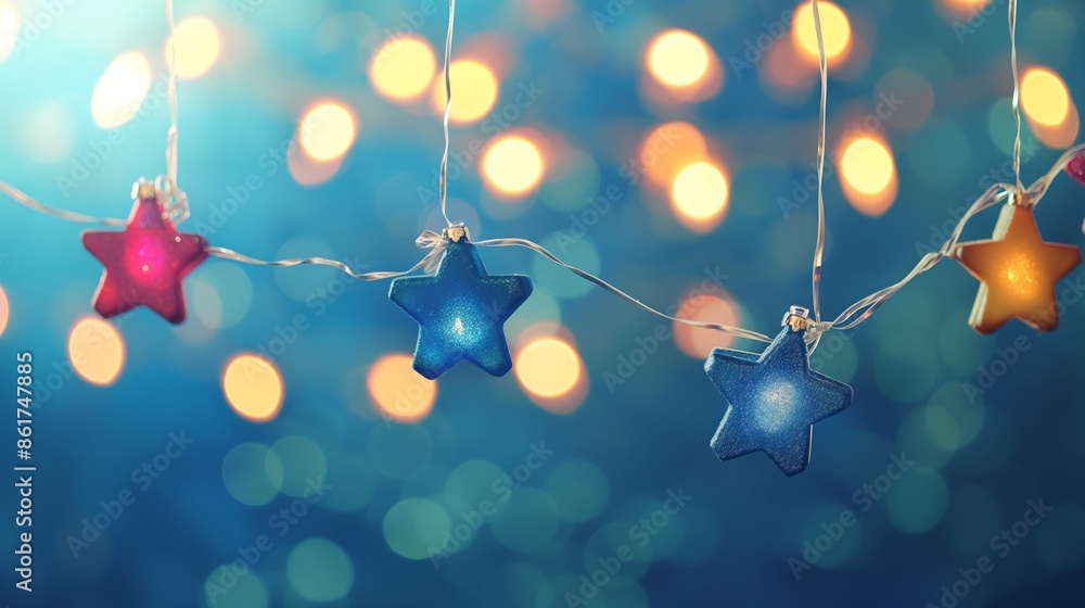 Poster a string of colorful star-shaped lights hangs against a mesmerizing bokeh background, capturing the 