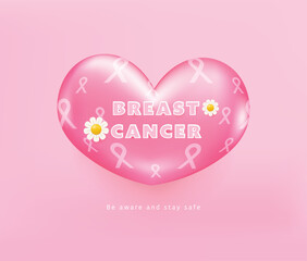 Pink ribbon pattern background on heart balloon painting. Pink ribbon illustration for awareness campaigns, support and charity organizations.