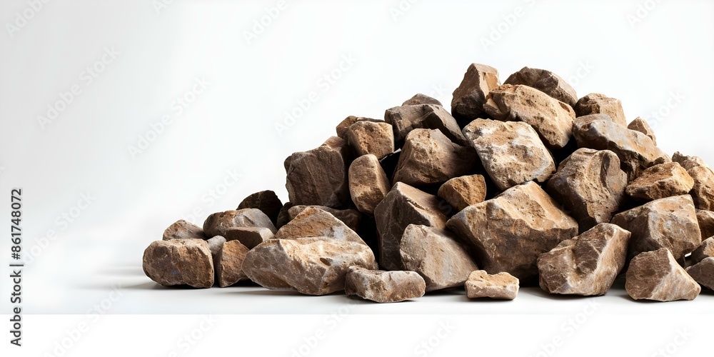 Poster pile of rocks created using technology isolated on white background - side view texture. concept pil
