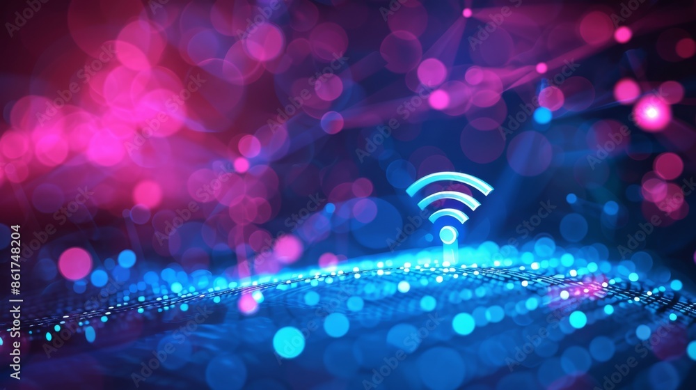 Poster abstract visual representation of wifi technology with vibrant lights and bokeh effects in a futuris