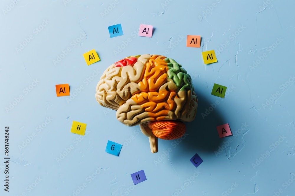 Poster brain with ai symbols on blue background representing artificial intelligence and cognitive technolo