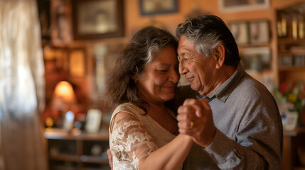 Senior latin couple dancing in living room, surrounded by family photos and cozy decor