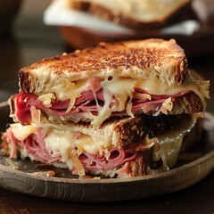 A sandwich with ham and cheese is cut in half and placed on a plate
