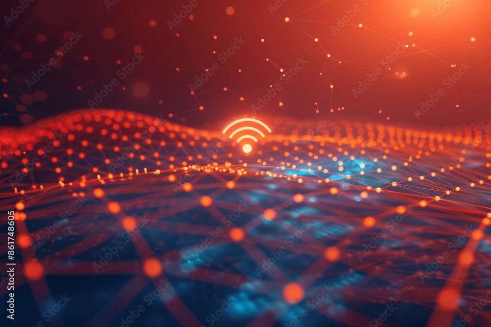 Poster a vibrant digital network displaying glowing wifi symbol and complex connections in futuristic desig