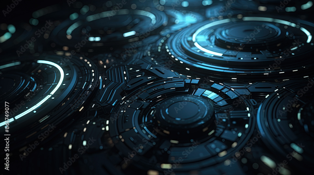 Poster Technology abstract background with hud styled round interface elements in neon tech light.