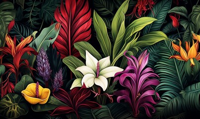 Vibrant Tropical Rainforest. Lush Green Foliage and Exotic Flowers