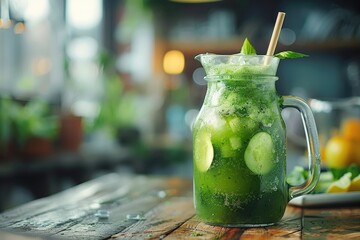 A vibrant green juice made from kale, spinach, cucumber, and apple, poured into a glass pitcher and...