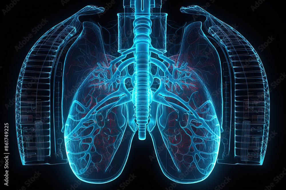 Poster Artificial implant science concept with technological AI lungs on the circuit board.