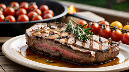 Grilled steak topped with peppercorns and rosemary, surrounded by cherry tomatoes, on a barbecue. Closeup with a blurred, bokeh background. Concept of outdoor cooking