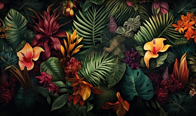 Naklejka premium Lush Tropical Jungle. Vibrant floral pattern with exotic flowers and leaves. Design for wallpaper, fabric, or tropical themes.