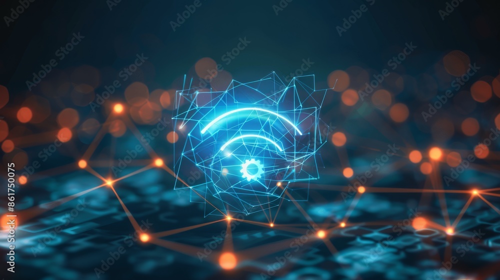 Poster visual representation of wifi connectivity, featuring network nodes and neon blue light effects in a