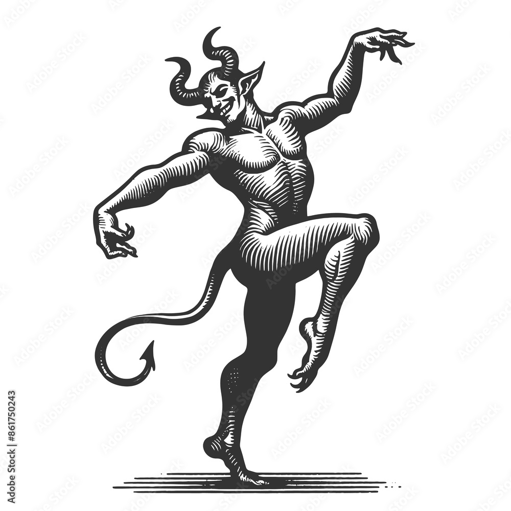 Poster dancing devil with horns and tail, showcasing a mischievous and playful character sketch engraving g