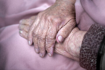 Fototapeta premium The hands of an old wrinkled woman. The concept of loneliness, fatigue, illness and powerlessness.