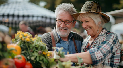 Senior couple exploring a farmers' market, selecting fresh produce, sampling local goods