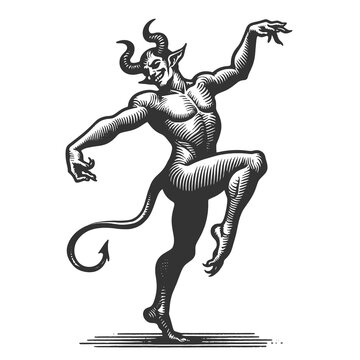 dancing devil with horns and tail, showcasing a mischievous and playful character sketch engraving generative ai fictional character raster illustration. Scratch board imitation. Black and white image