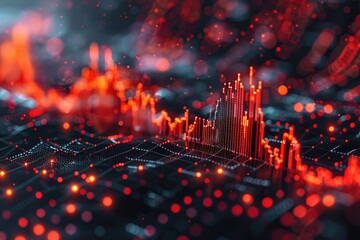 Abstract red and orange digital landscape with glowing particles.