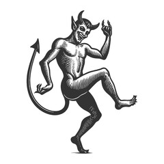Obraz premium dancing devil with horns and tail, showcasing a mischievous and playful character sketch engraving generative ai fictional character raster illustration. Scratch board imitation. Black and white image