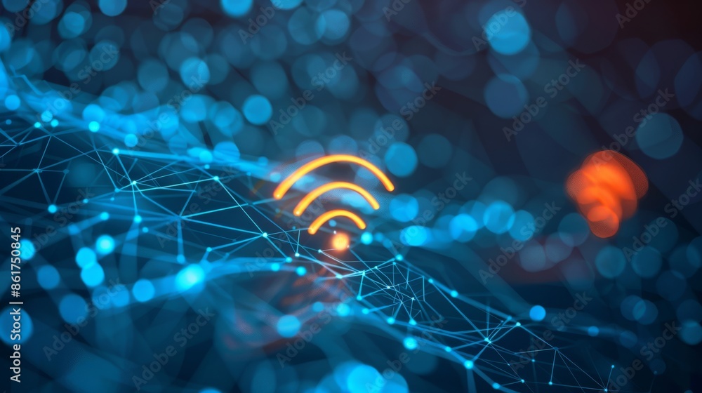 Poster a vibrant digital network displaying glowing wifi symbol and complex connections in futuristic desig