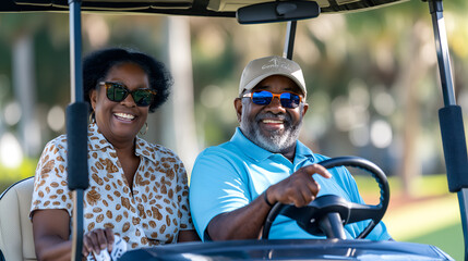 Senior black couple riding gold cart, playing golf during vacation