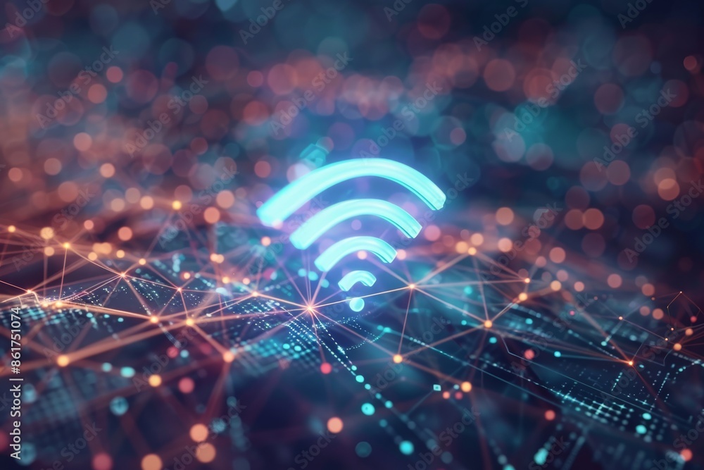 Poster visual representation of wifi connectivity, featuring network nodes and neon blue light effects in a