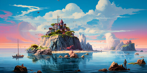 Beauty of island, A fantastical landscape of towering castles and majestic creatures

