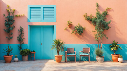 Fototapeta premium South courtyard with blue and peach color wall. Beautiful stylish bright building facade background