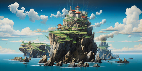A view of a castle with a lake and mountains in the background, Fairytale castle illustration from a story book concept art

